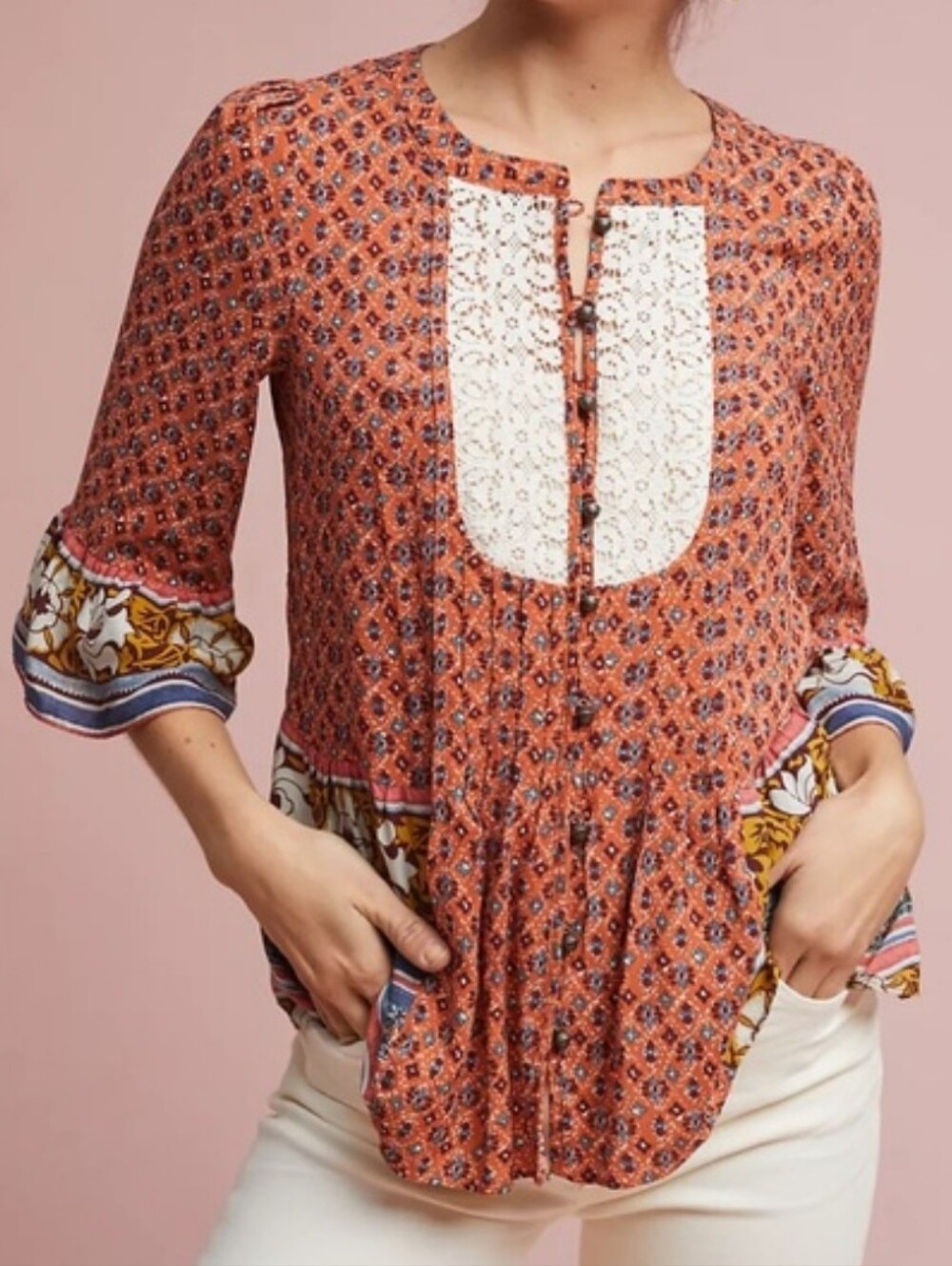 Anthropologie Maeve Hiver Peasant Blouse Top 12 Lace Boho Button Front Festival